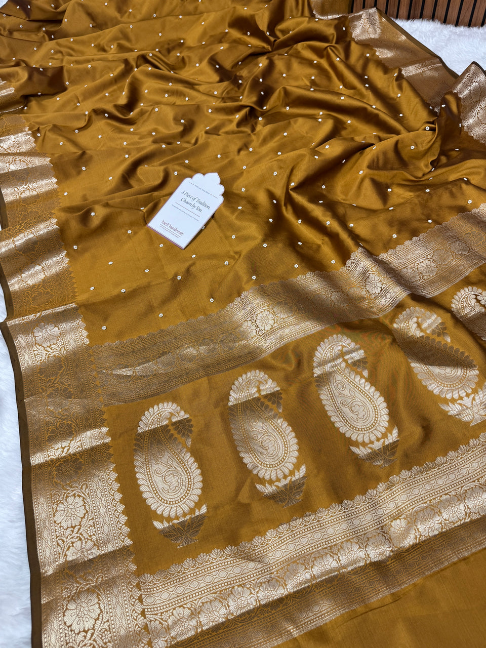 Mustard Gold Kusumika Pearl Handwork Soft Silk Saree
