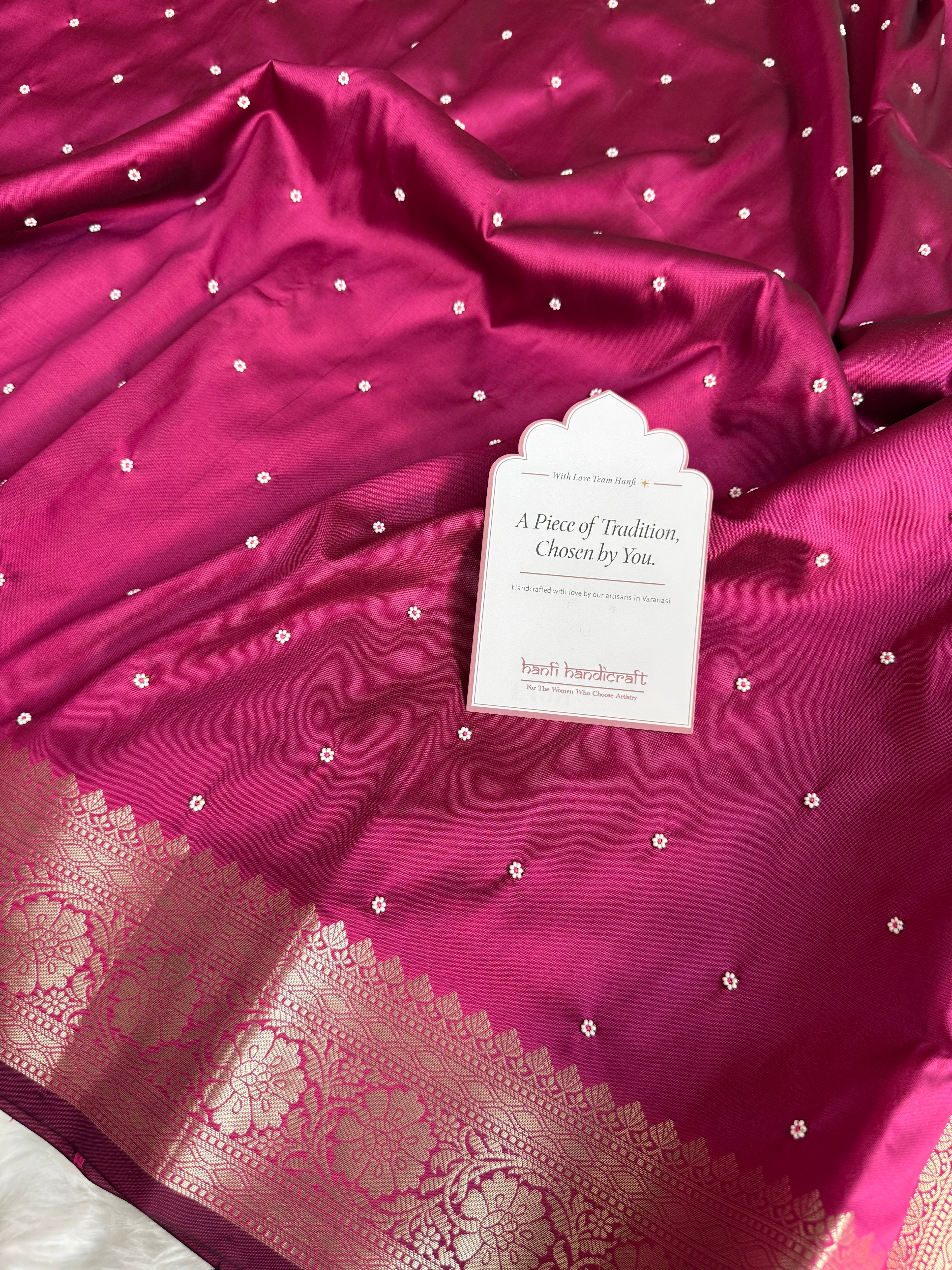 Rani Pink Kusumika Pearl Handwork Soft Silk Saree