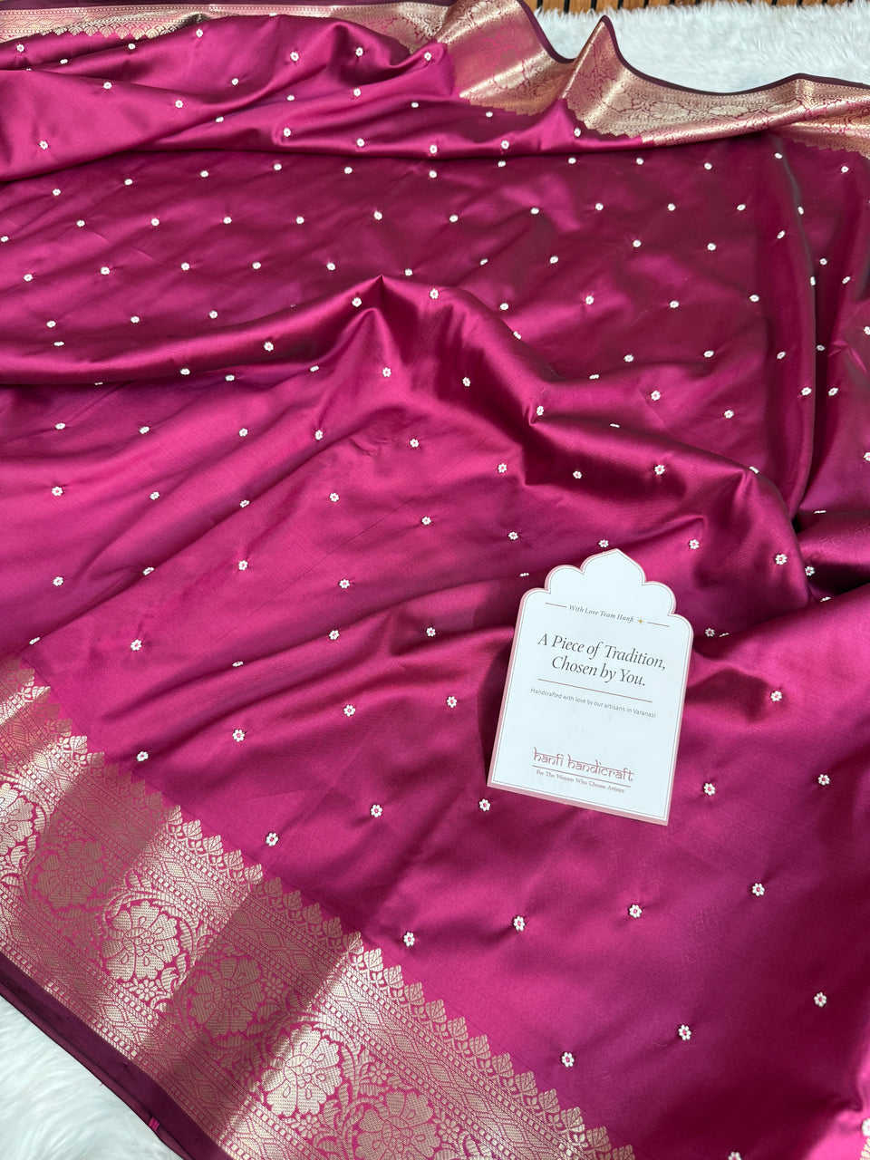 Rani Pink Kusumika Pearl Handwork Soft Silk Saree