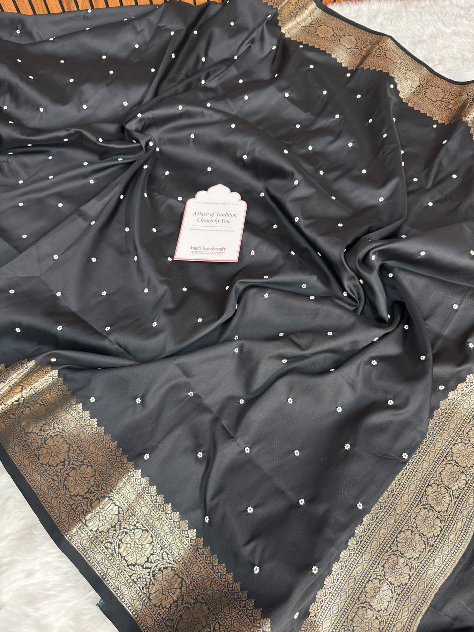 Charcoal Black Kusumika Pearl Handwork Soft Silk Saree
