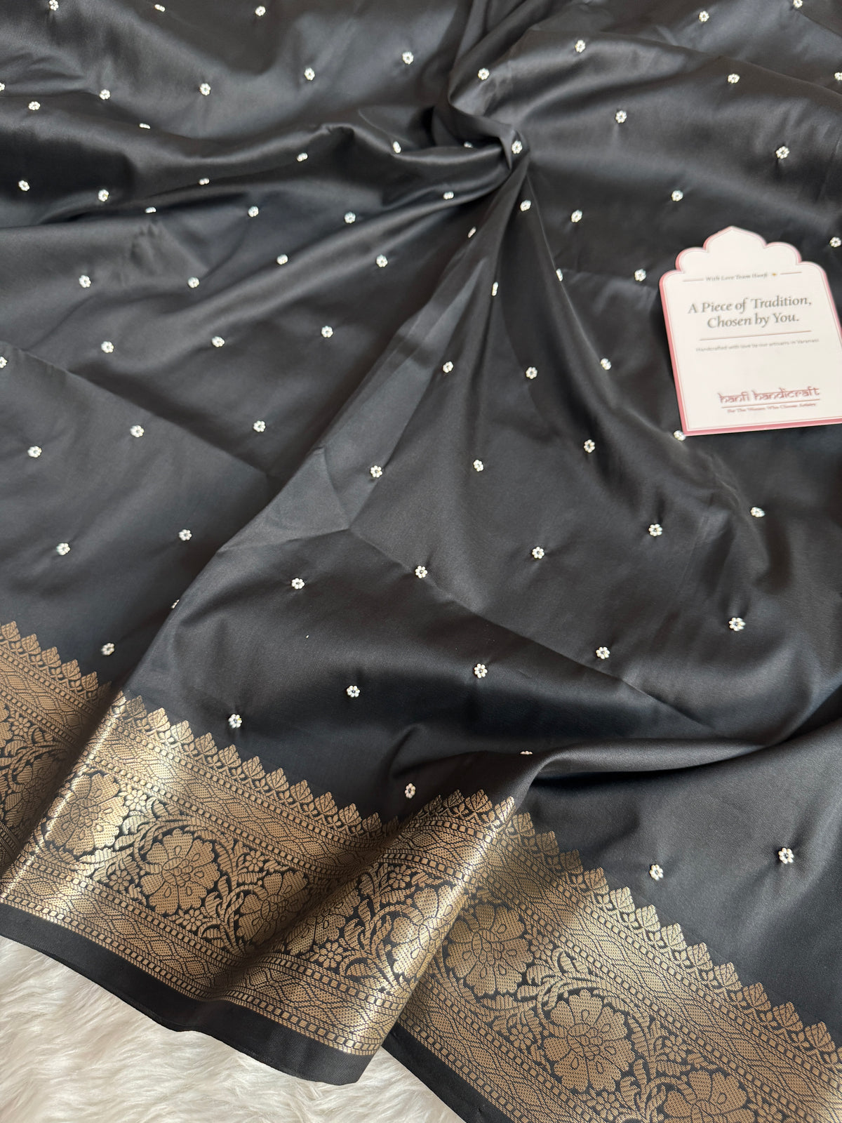 Charcoal Black Kusumika Pearl Handwork Soft Silk Saree
