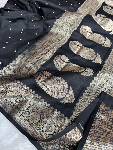 Charcoal Black Kusumika Pearl Handwork Soft Silk Saree