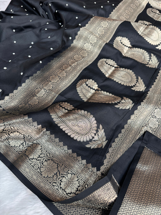 Charcoal Black Kusumika Pearl Handwork Soft Silk Saree