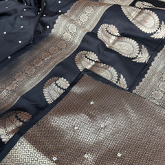 Charcoal Black Kusumika Pearl Handwork Soft Silk Saree