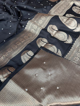 Charcoal Black Kusumika Pearl Handwork Soft Silk Saree