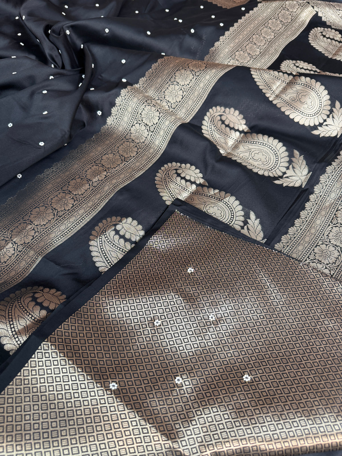 Charcoal Black Kusumika Pearl Handwork Soft Silk Saree