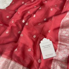 Strawberry Pink Pure Khaddi Chiffon Handloom Saree with Real Silver Zari