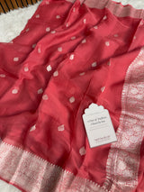 Strawberry Pink Pure Khaddi Chiffon Handloom Saree with Real Silver Zari