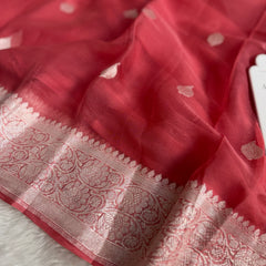 Strawberry Pink Pure Khaddi Chiffon Handloom Saree with Real Silver Zari