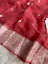 Strawberry Pink Pure Khaddi Chiffon Handloom Saree with Real Silver Zari