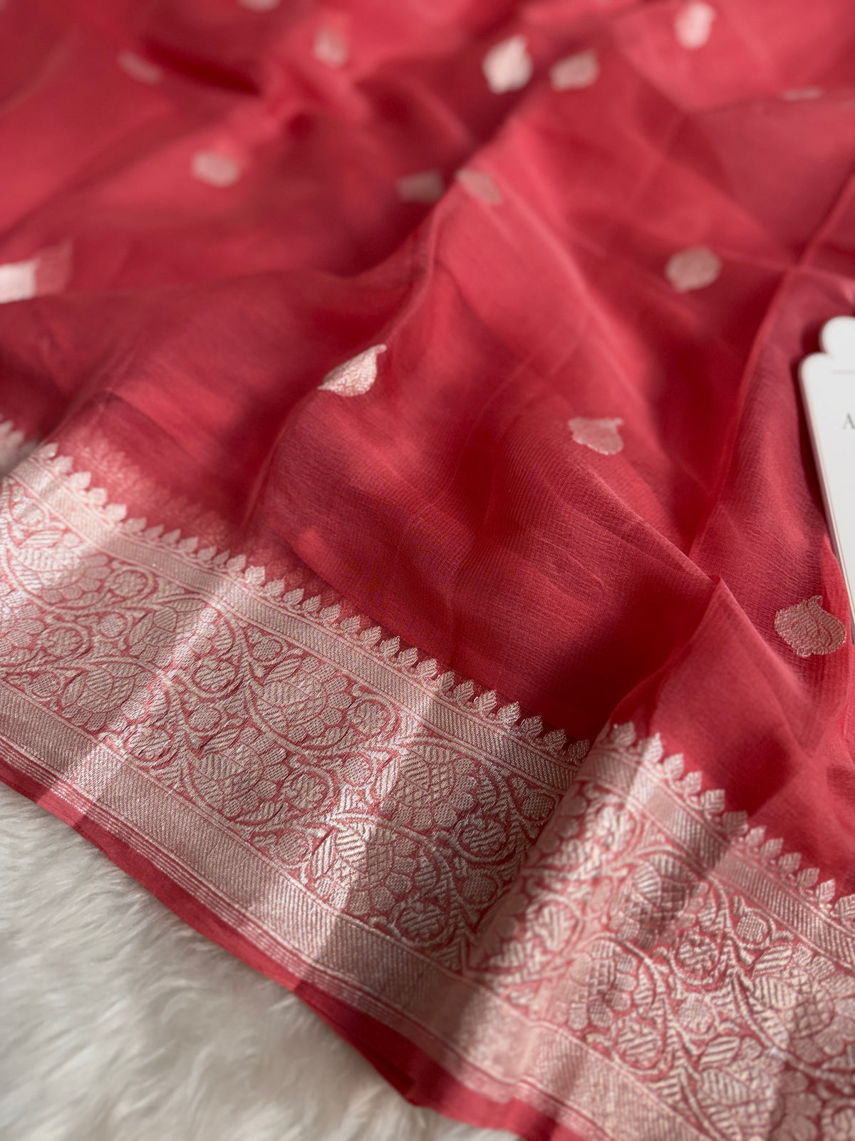 Strawberry Pink Pure Khaddi Chiffon Handloom Saree with Real Silver Zari