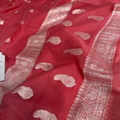 Strawberry Pink Pure Khaddi Chiffon Handloom Saree with Real Silver Zari