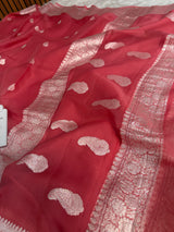 Strawberry Pink Pure Khaddi Chiffon Handloom Saree with Real Silver Zari
