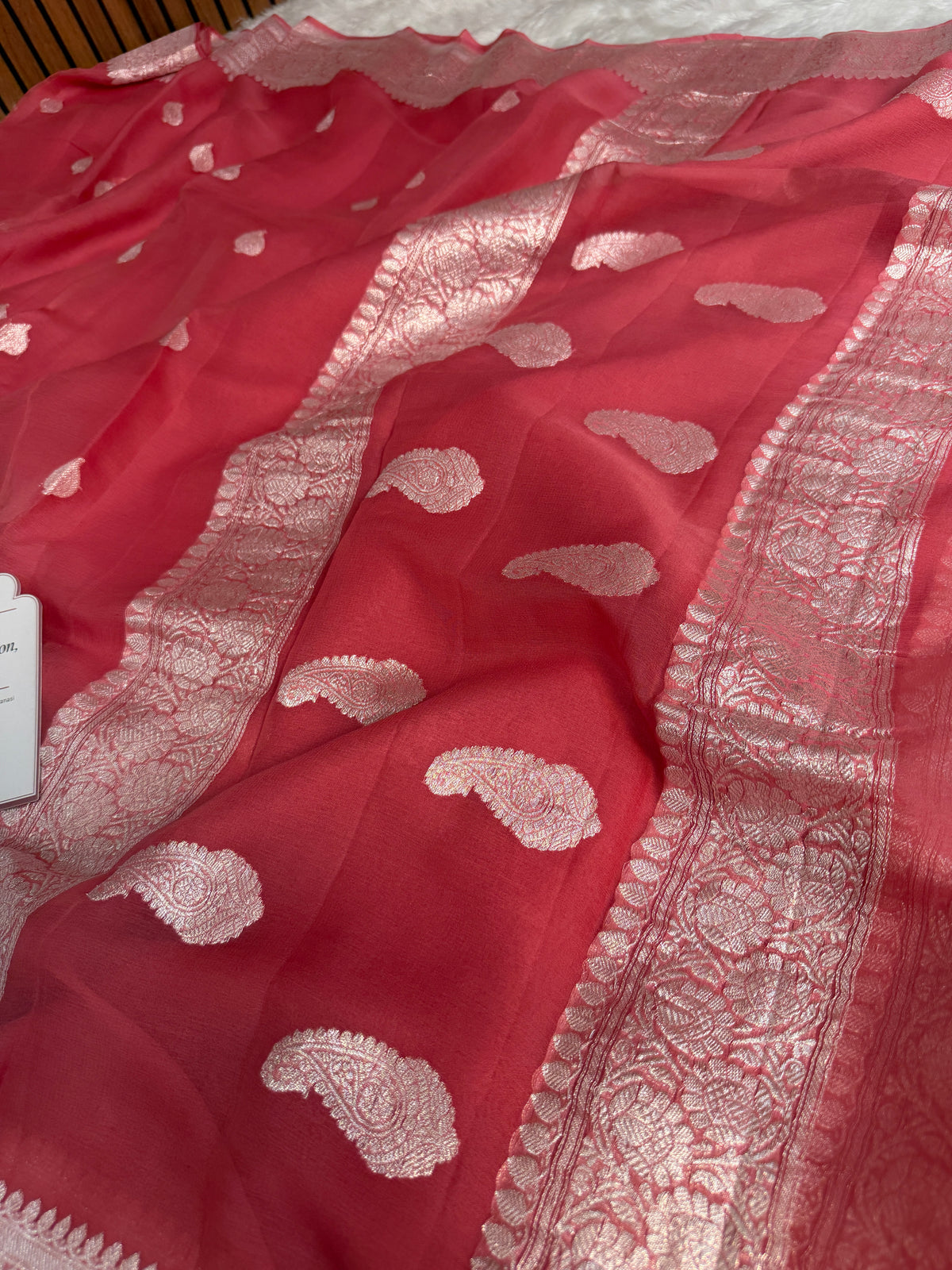 Strawberry Pink Pure Khaddi Chiffon Handloom Saree with Real Silver Zari