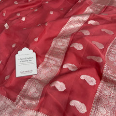 Strawberry Pink Pure Khaddi Chiffon Handloom Saree with Real Silver Zari