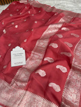 Strawberry Pink Pure Khaddi Chiffon Handloom Saree with Real Silver Zari