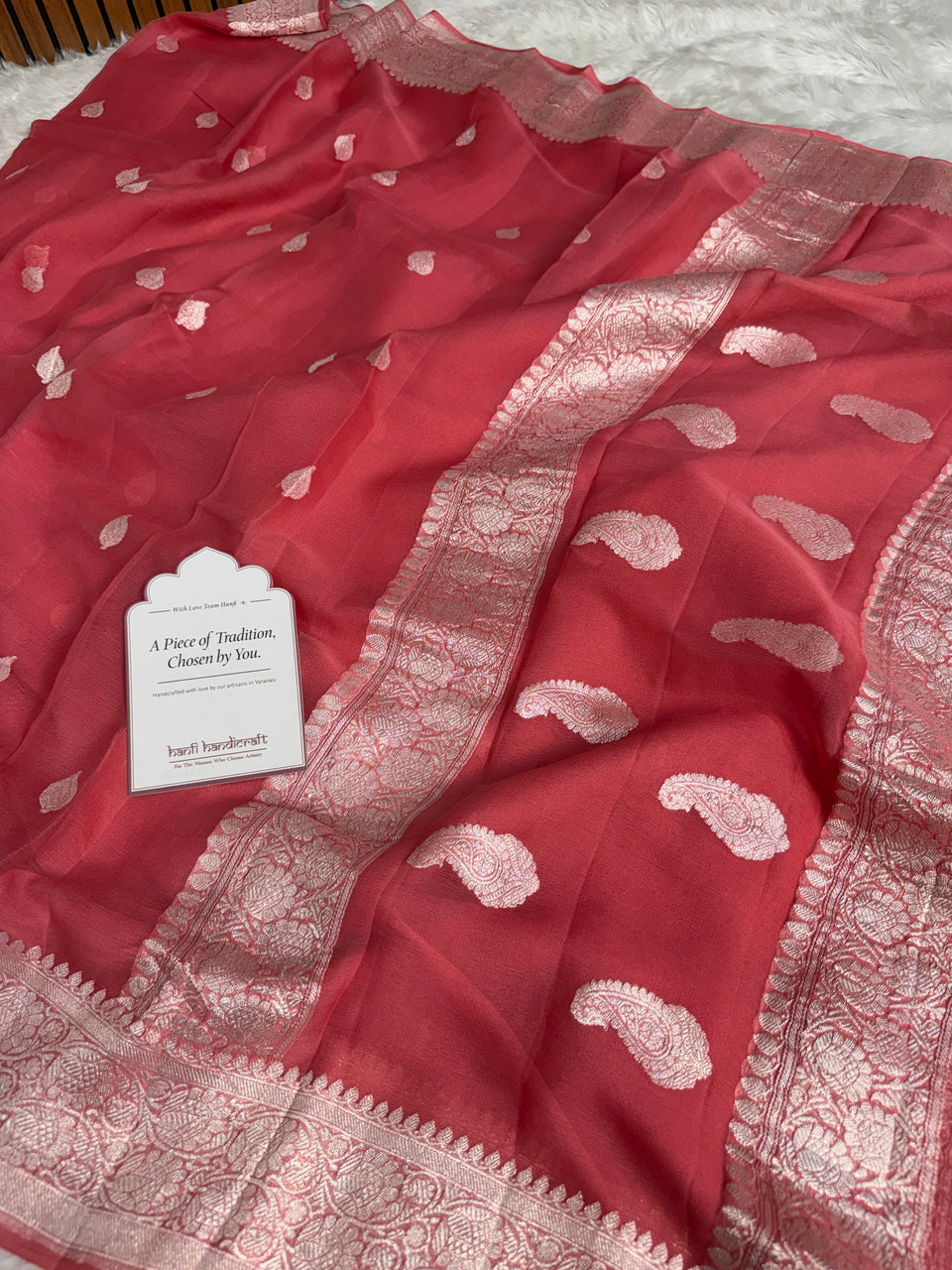 Strawberry Pink Pure Khaddi Chiffon Handloom Saree with Real Silver Zari