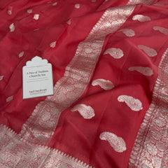 Strawberry Pink Pure Khaddi Chiffon Handloom Saree with Real Silver Zari