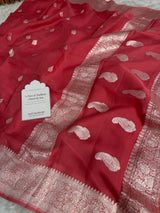 Strawberry Pink Pure Khaddi Chiffon Handloom Saree with Real Silver Zari