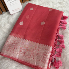 Strawberry Pink Pure Khaddi Chiffon Handloom Saree with Real Silver Zari