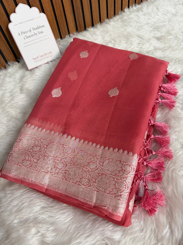 Strawberry Pink Pure Khaddi Chiffon Handloom Saree with Real Silver Zari