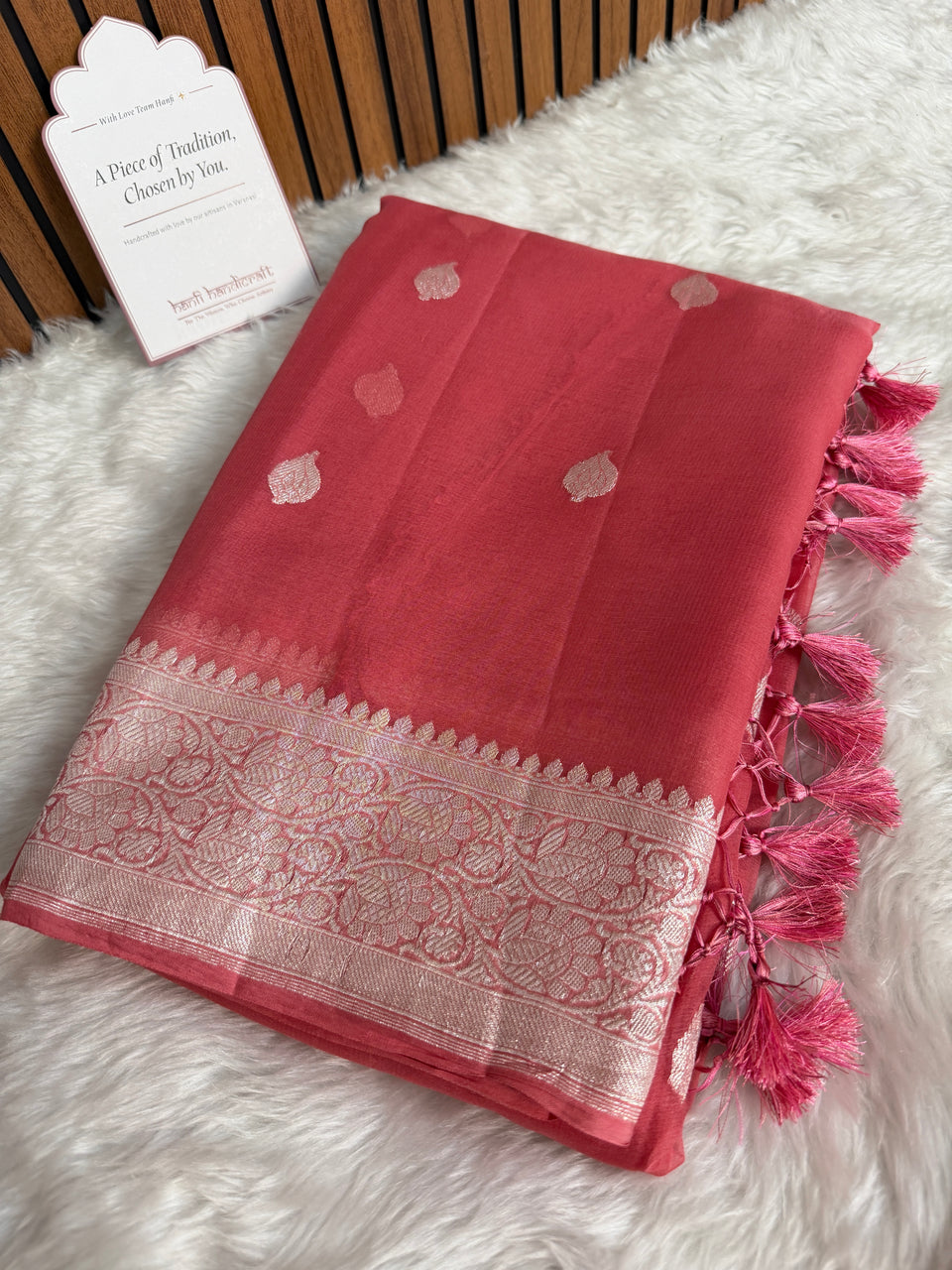 Strawberry Pink Pure Khaddi Chiffon Handloom Saree with Real Silver Zari