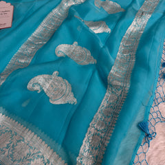 Aqua Blue Pure Khaddi Chiffon Handloom Saree with Real Silver Zari