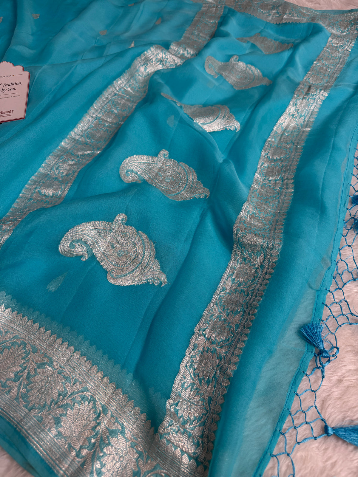 Aqua Blue Pure Khaddi Chiffon Handloom Saree with Real Silver Zari