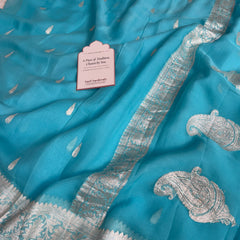 Aqua Blue Pure Khaddi Chiffon Handloom Saree with Real Silver Zari
