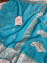 Aqua Blue Pure Khaddi Chiffon Handloom Saree with Real Silver Zari