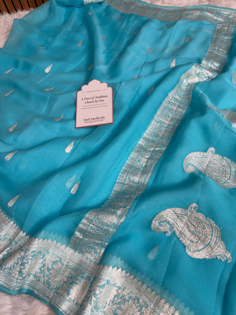 Aqua Blue Pure Khaddi Chiffon Handloom Saree with Real Silver Zari