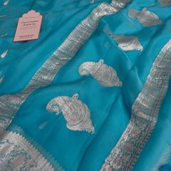 Aqua Blue Pure Khaddi Chiffon Handloom Saree with Real Silver Zari