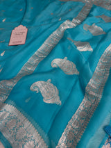 Aqua Blue Pure Khaddi Chiffon Handloom Saree with Real Silver Zari