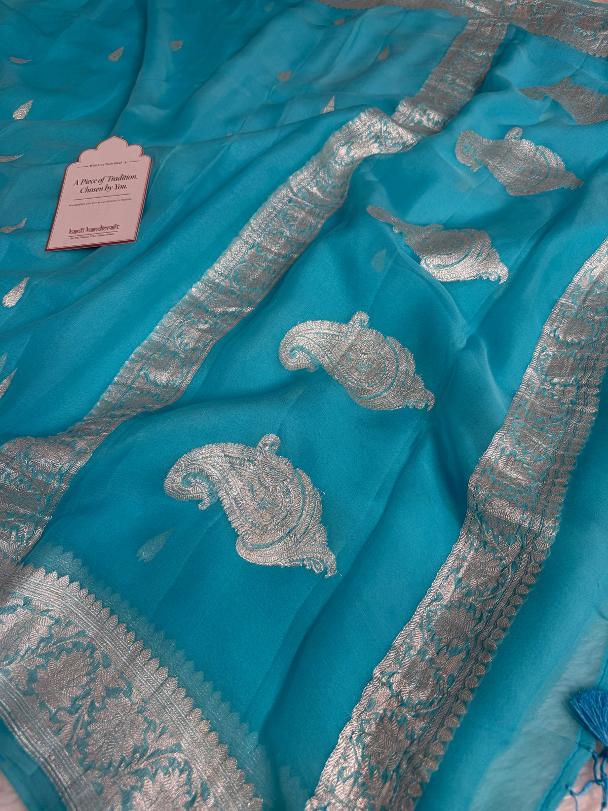 Aqua Blue Pure Khaddi Chiffon Handloom Saree with Real Silver Zari