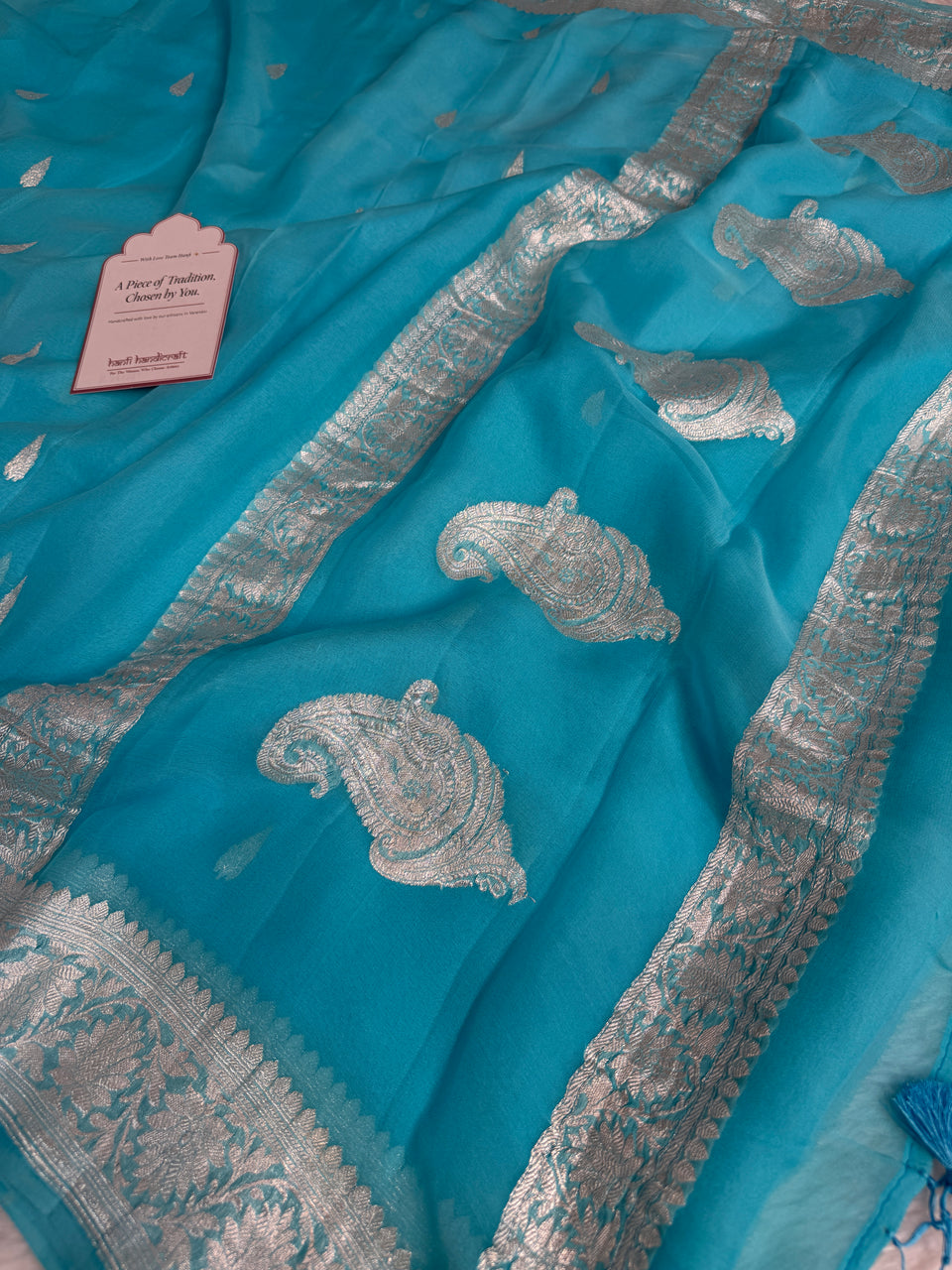 Aqua Blue Pure Khaddi Chiffon Handloom Saree with Real Silver Zari