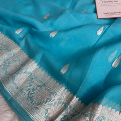 Aqua Blue Pure Khaddi Chiffon Handloom Saree with Real Silver Zari