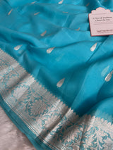 Aqua Blue Pure Khaddi Chiffon Handloom Saree with Real Silver Zari