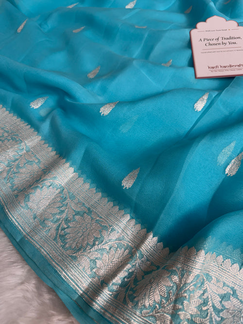 Aqua Blue Pure Khaddi Chiffon Handloom Saree with Real Silver Zari