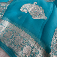 Aqua Blue Pure Khaddi Chiffon Handloom Saree with Real Silver Zari