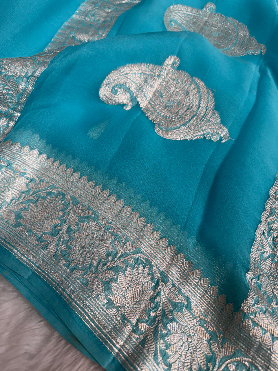 Aqua Blue Pure Khaddi Chiffon Handloom Saree with Real Silver Zari