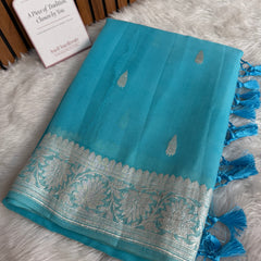 Aqua Blue Pure Khaddi Chiffon Handloom Saree with Real Silver Zari