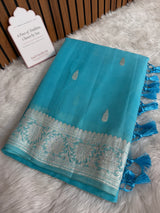 Aqua Blue Pure Khaddi Chiffon Handloom Saree with Real Silver Zari