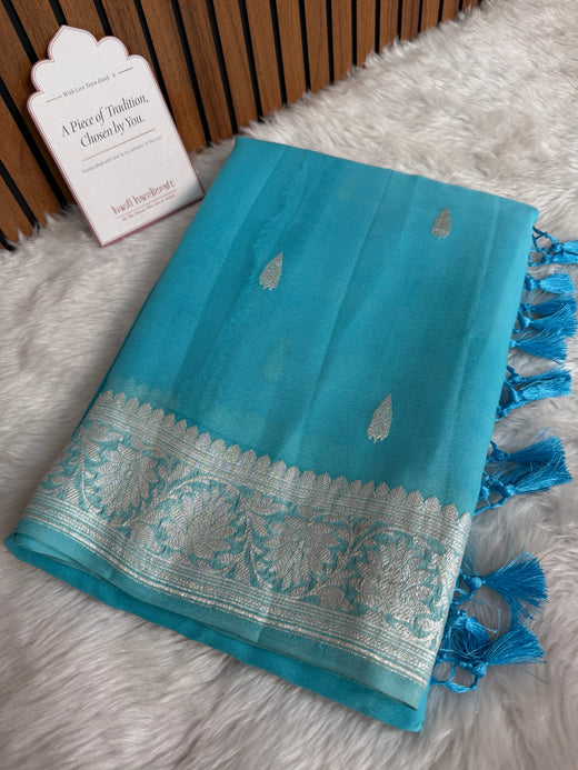 Aqua Blue Pure Khaddi Chiffon Handloom Saree with Real Silver Zari