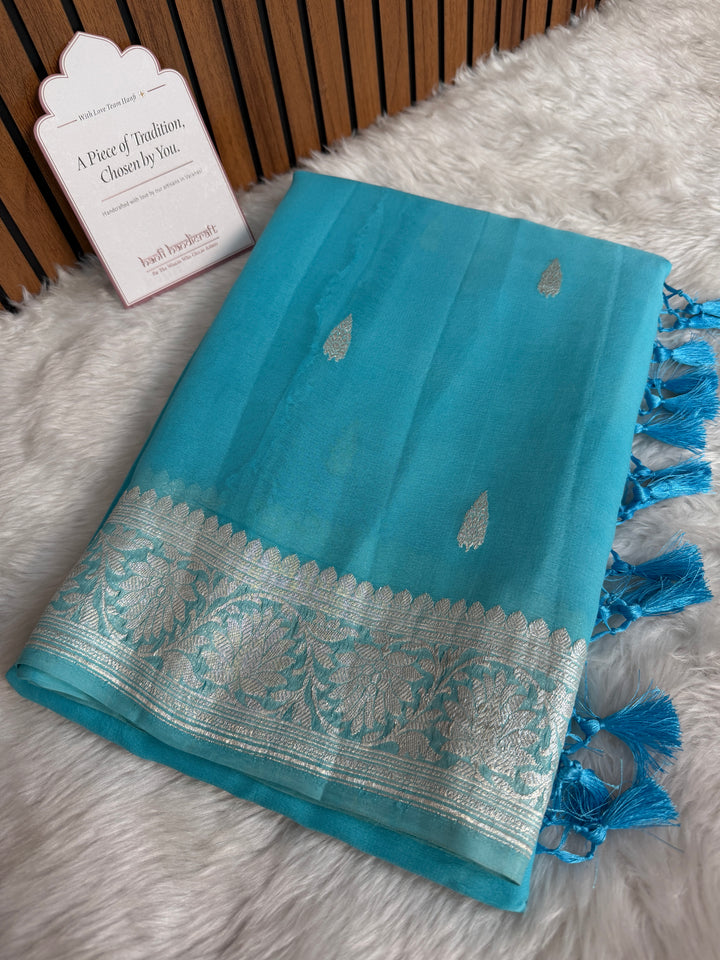 Aqua Blue Pure Khaddi Chiffon Handloom Saree with Real Silver Zari