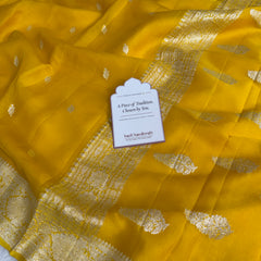Yellow Lite Pure Khaddi Chiffon Handloom Saree with Real Silver Zari