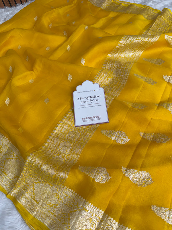Yellow Lite Pure Khaddi Chiffon Handloom Saree with Real Silver Zari