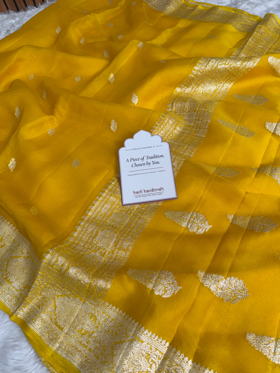 Yellow Lite Pure Khaddi Chiffon Handloom Saree with Real Silver Zari