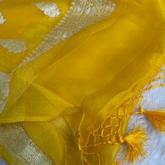 Yellow Lite Pure Khaddi Chiffon Handloom Saree with Real Silver Zari