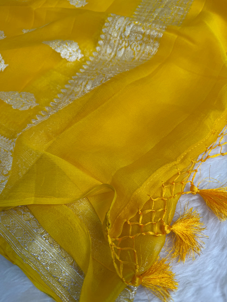 Yellow Lite Pure Khaddi Chiffon Handloom Saree with Real Silver Zari