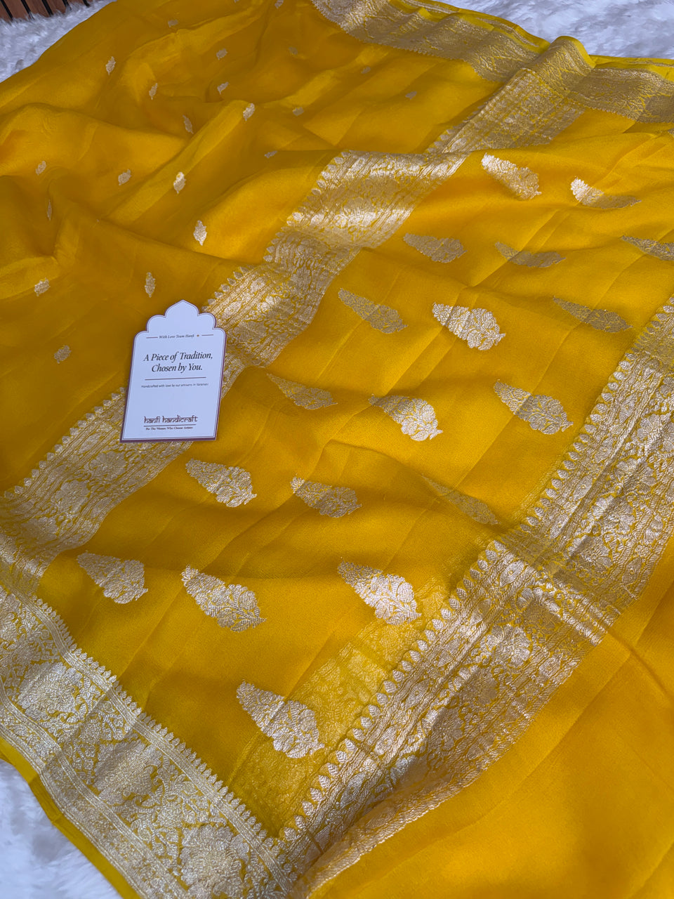 Yellow Lite Pure Khaddi Chiffon Handloom Saree with Real Silver Zari